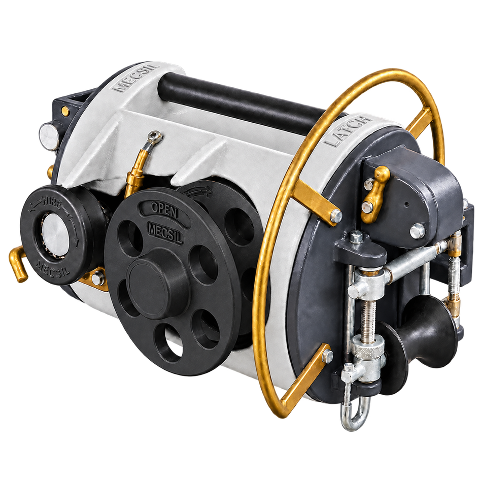 MECSIL Cable Lasher Standard with nylon reels and nylon traction pulleys – three-quarter view